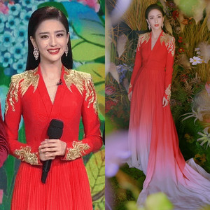 2020央视春晚v领佟丽娅同款主持人端庄轻奢刺绣长袖显瘦舞台服女