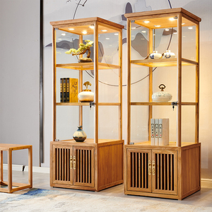 老榆木展示柜新中式茶叶珠宝陈列柜陶瓷文玩货架实木玻璃展柜原木