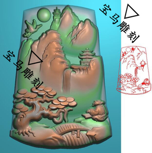 玉雕图电脑雕刻精雕图山水挂件翡翠山水人物花件椭圆立体船桥瀑布