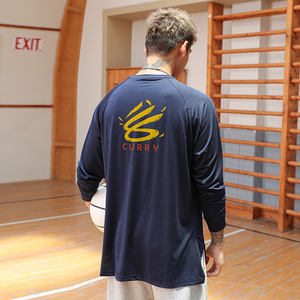 勇士队库里篮球长袖冬季速干投篮训练服宽松跑步体育生运动t恤男