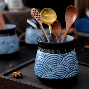 日式粗陶陶瓷青海波收纳罐筷子勺收纳筒创意餐具收纳桶厨房储物罐
