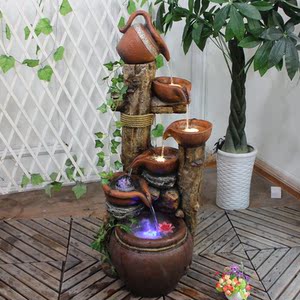 中式瓦罐木石磨喷泉流水景观鱼缸庭院会所阳台墙角风水招财球摆件