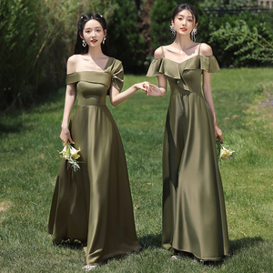 绿色伴娘服女2024新款缎面修身显瘦姐妹团晚礼服裙高级感小众夏季