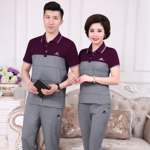 妈妈夏装短袖套装40岁50中年情侣装中老年两件套老人衣服大码爸爸