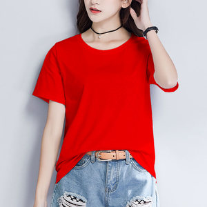 大红纯色短款t