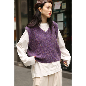 2022年早秋新款女装短款粗毛线毛衣坎肩针织衫外穿紫色马甲背心女