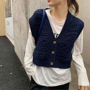 蓝色复古日系麻花v领毛衣针织马甲无袖坎肩短款背心秋冬开衫上衣