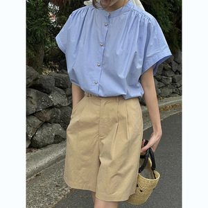 蓝色正肩小飞袖短袖衬衫女夏季薄款韩系棉麻衬衣法式别致上衣小衫