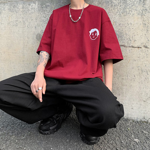 酒红色重磅陈奕迅t恤eason同款刺绣印花纯棉短袖夏季男款美式半袖