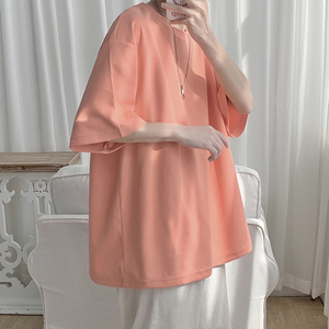 马卡龙色7七分袖女t恤oversize华夫格正肩短袖脏粉色上衣夏季薄款