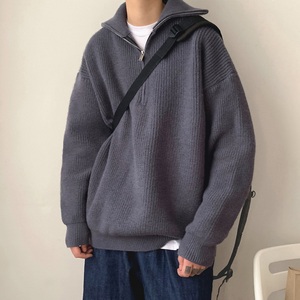 莫奈灰半拉链毛衣慵懒高级感大码原谅绿复古polo领针织外套男秋冬