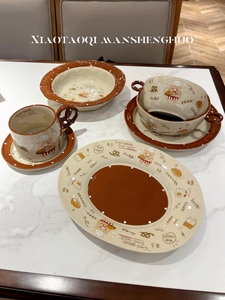 小陶器面包小熊系列高颜值餐具陶瓷餐盘家用釉下彩双耳碗咖啡杯碟