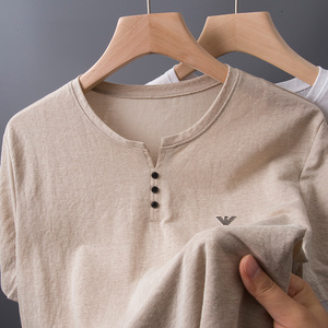 男士短袖冰丝亚麻t恤棉麻布料上衣服中老年爸爸夏装体桖40岁50丅