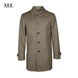 XEE商场同款 男士春季灰绿色单排扣翻领时尚都市中长款风衣外套