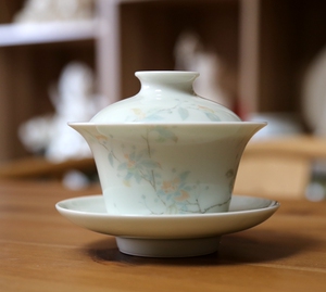 景德镇真如堂早期经典作品金石手绘花卉纹三才盖碗泡茶器茶道用具