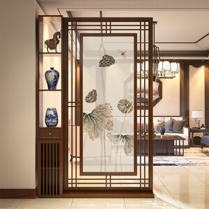 新中式入户屏风隔断墙移动玄关简约置物柜实木条格栅客厅装饰座屏