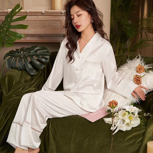 曼妮芬真丝睡衣女春秋季新款女高级感白色蕾丝长袖家居服简约薄款