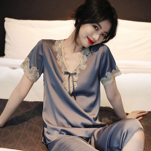 曼妮芬夏季新款真丝睡衣女性感冰丝短袖可外穿v领家居服套装薄款