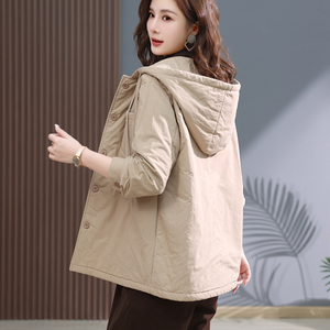 连帽棉衣女2023春秋新款薄款纯棉布棉袄气质休闲文艺夹棉外套二棉