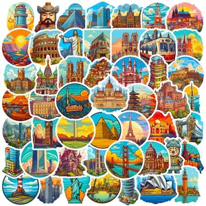 50张世界地标贴纸各国各地建筑人文景观创意旅游城市建筑地图贴画