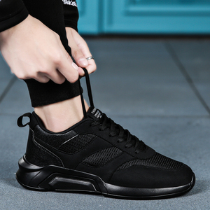 秋季男士全黑色休闲运动鞋网面轻便软底纯黑韩版百搭跑步鞋男鞋子