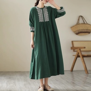 棉麻长袖连衣裙女2023新款秋装民族风森系绿色高端亚麻连身裙长裙