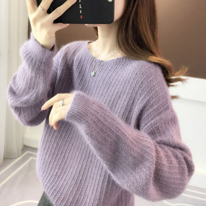 【羊绒】毛衣女2023新款秋冬季紫色洋气加绒水貂绒慵懒针织打底衫
