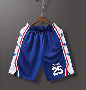 2024新款76人队球裤3号艾弗森恩比德西门斯篮球短裤烫画复古蓝色