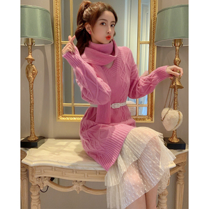 粉色v领连衣裙女秋冬长款纱裙套装配大衣的针织毛衣裙两件套裙子
