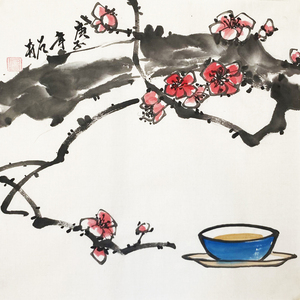 纯手绘真迹茶艺作品国画心梅花斗方茶室装饰画梅花茶壶餐厅挂画