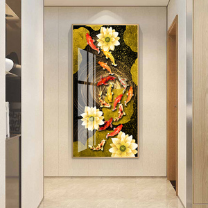 金色大气入户玄关装饰画新中式壁画轻奢荷花九鱼图走廊过道挂画
