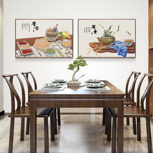 新中式餐桌装饰画饭厅横版单幅日式挂画茶室墙面中国风壁画餐厅画
