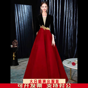 高端晚礼服合唱团比赛演出服装丝绒红色长裙中国风音乐表演服定制