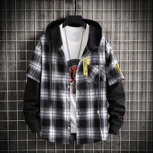 春秋季连帽衬衫男格子衬衣长袖卫衣青少年初中学生宽松春装外套潮