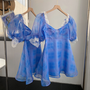 欧根纱荷叶边方领蓝色泡泡袖连衣裙减龄气质中裙时尚休闲洋气F$2