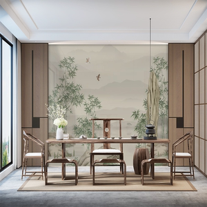 素雅书房办公室背景墙壁纸3d新中式水墨竹子壁画工笔花鸟床头壁布