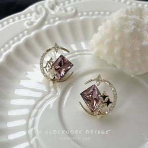 「有耳夹」微镶锆石紫色星月气质精致设计925银镀金手作耳钉耳环