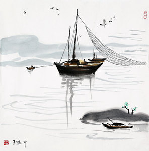 吴冠中字画手绘斗方水墨国画江南水乡渔船赠证书画册商务礼品收藏