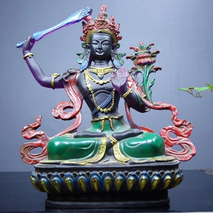 古玩古董收藏农村收老琉璃手工彩绘密宗藏传藏佛举剑文殊菩萨佛像