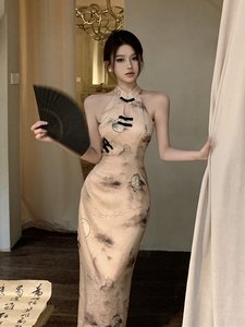 新中式国风日常改良旗袍挂脖连衣裙女装夏季气质高级性感包臀长裙