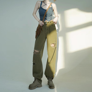 牛仔外套绿色破洞