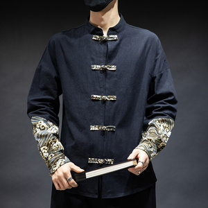 盘扣男装中国风衬衫长袖立领盘扣衬衫袖口贴布海水图案印花衬衫潮