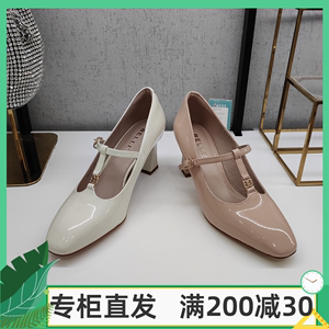 BLH02 百丽复古玛丽珍鞋女鞋2023年秋国内代购牛皮粗跟单鞋高跟鞋