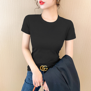 2022夏季黑色t恤女短袖小圆领修身上衣白色纯棉半袖内搭打底衫