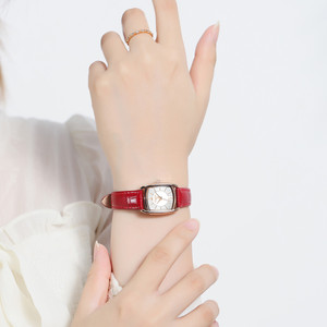 韩国聚利时2024年新款时尚女式手表复古小众方形红色真皮女表学生
