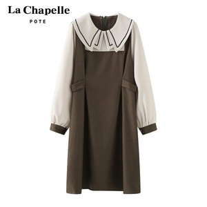 拉夏贝尔pote娃娃领假两件连衣裙女春秋2022新款法式洋气减龄裙子