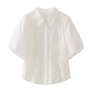 艾格ES白色天丝泡泡袖衬衫女短袖夏季韩版宽松小个子五分袖上衣服
