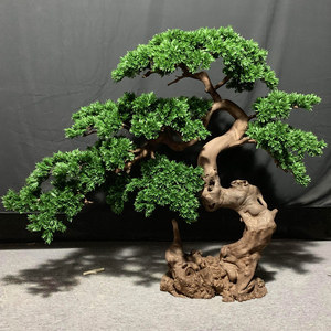仿真迎客松罗汉松大型雪松会所商场摆件高端松树实木根雕刻装饰树