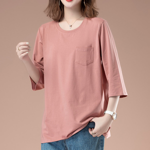 加肥加大纯棉七分袖t恤女中袖上衣宽松大码女装胖妈妈夏装全棉t桖