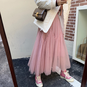 粉色高端网纱半身裙秋冬女中长款高腰包臀百褶裙a字百搭仙女长裙